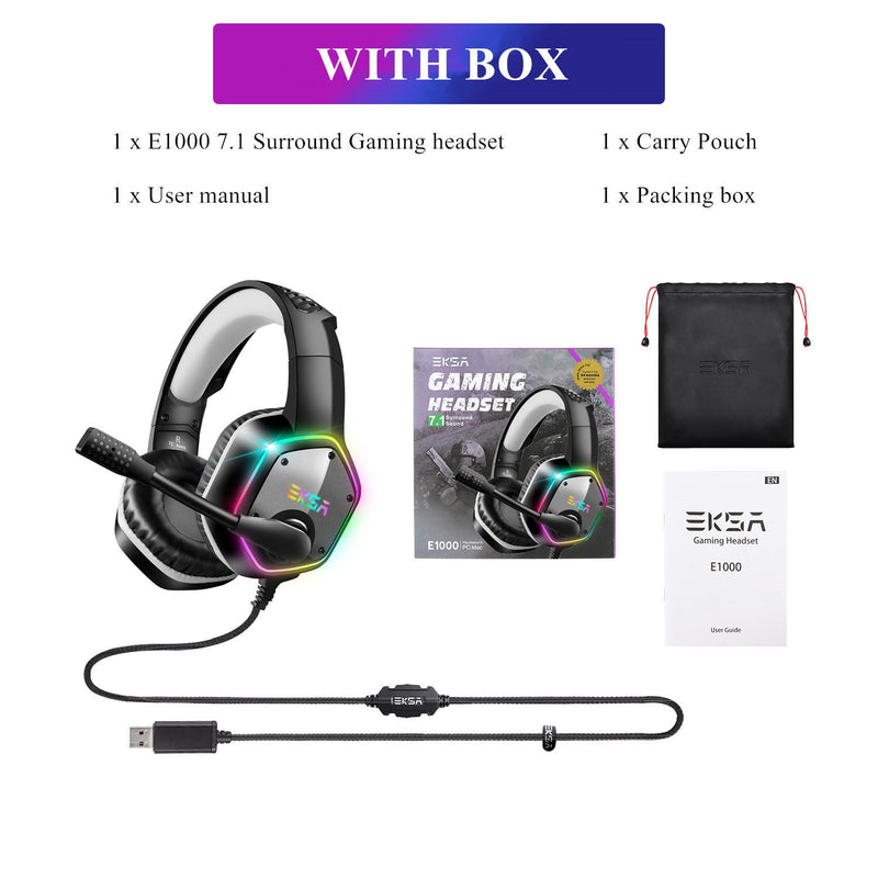 Gaming Headphones For PC/PS4/PS5 EKSA E1000 7.1 Surround RGB Gaming Headset Gamer USB Wired Headphones with Noise Cancelling Mic