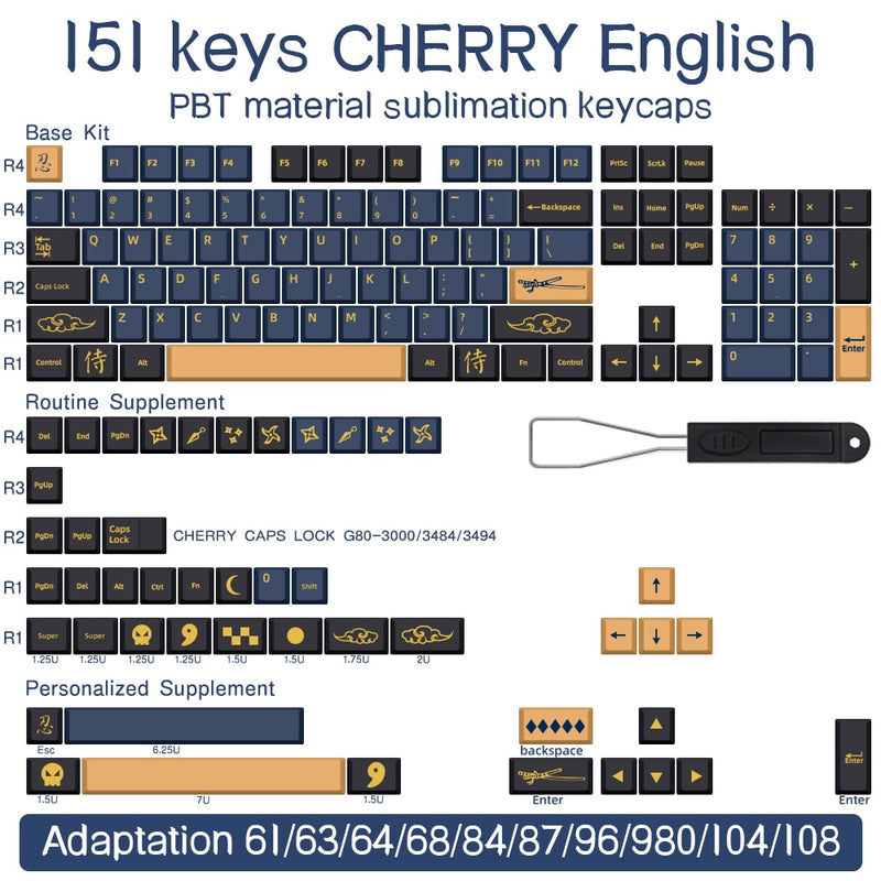 139/151 Keys Blue Samurai KeyCap Red Samurai English Japanese PBT KeyCaps Cherry Profile For MX Switch GMK Mechanical Keyboard