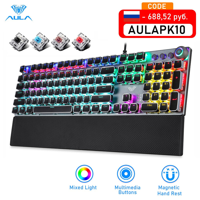 AULA Gaming Mechanical Keyboard Retro Square Glowing Keycaps Backlit USB Wired 104 Anti-ghosting Gaming Keyboard for PC laptop